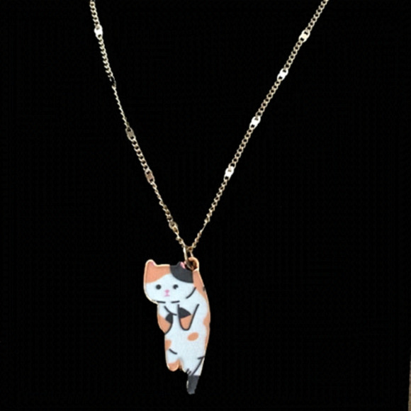 GOLD Plated Chain Calico Kitty Necklace Hand Crafted - Picture 1 of 6